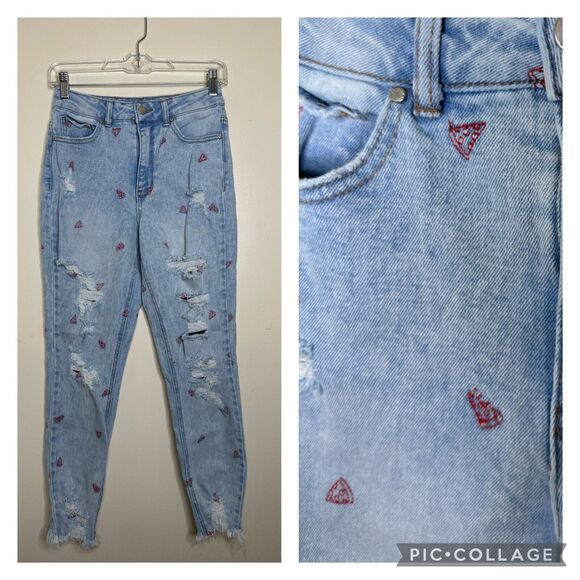 Tinseltown Denim - Tinseltown High Rise The Mom Jeans Embroidered Pizza Pattern Distressed Chewed
